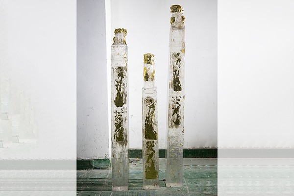 Custom Resin Pillar Sculptures with Gold Leaf & Guardian Lions – Modern Luxury Art Decor